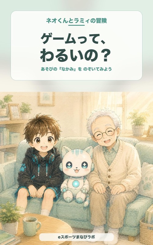 絵本『ゲームって、わるいの?』の表紙。ソファに座るネオくんとラミィとおじいちゃん