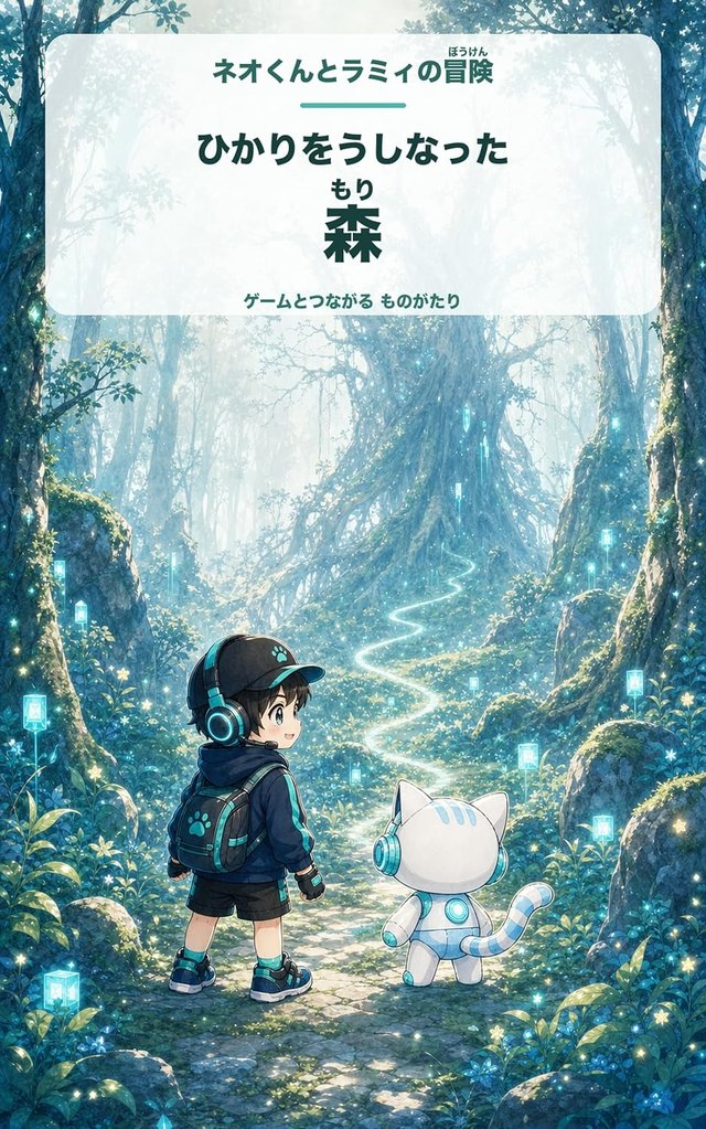 絵本『ひかりをうしなった森』の表紙。森の入り口に立つネオくんとラミィ