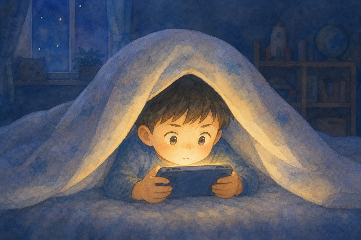 夜、ふとんの中でこっそり携帯ゲーム機で遊ぶ男の子のイラスト