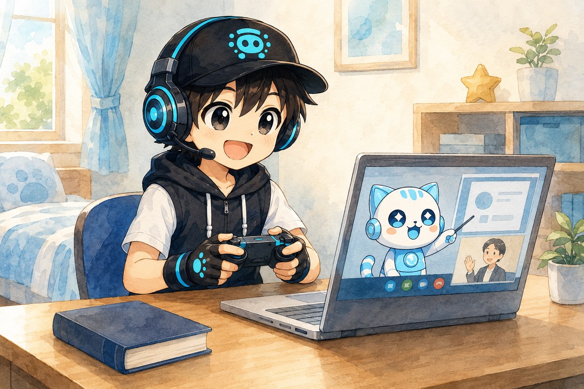 ヘッドセットを付けてラミィのオンラインレッスンを楽しむネオくんのイラスト