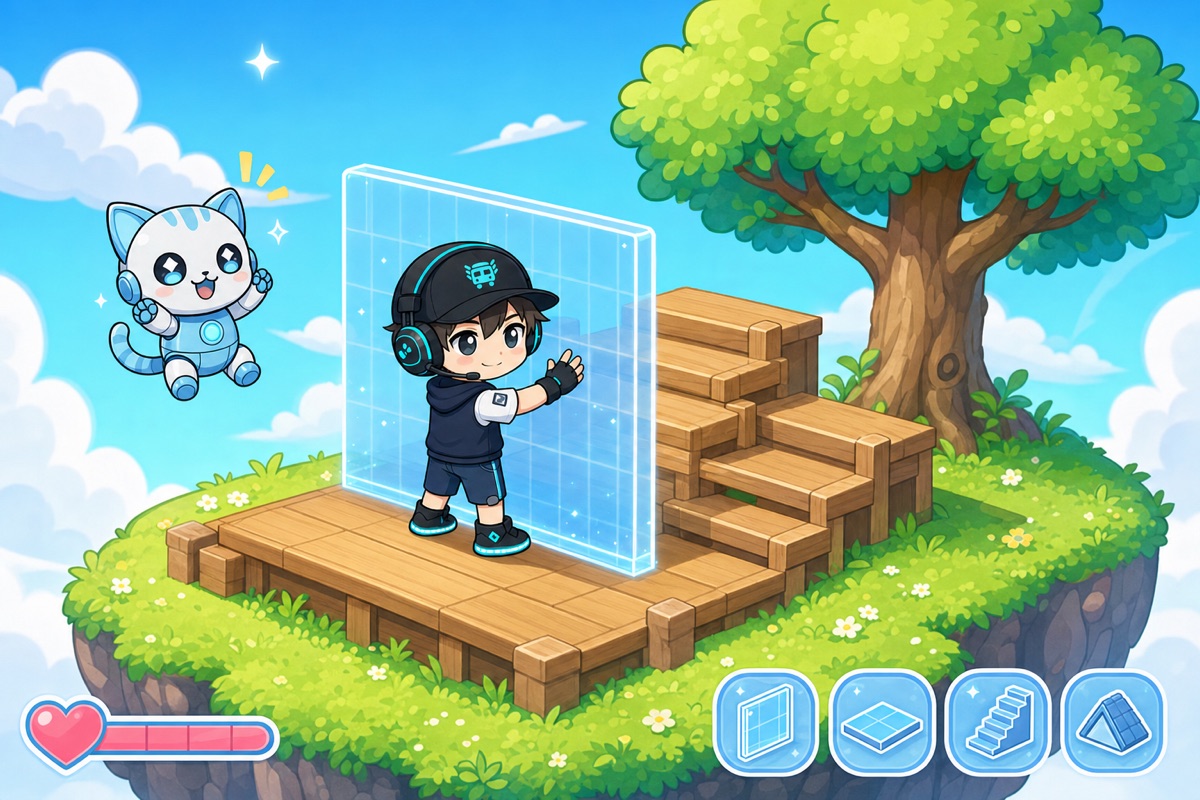 イラスト:ネオくんが壁と階段を組み合わせて建築するゲーム画面イメージ。ラミィが応援
