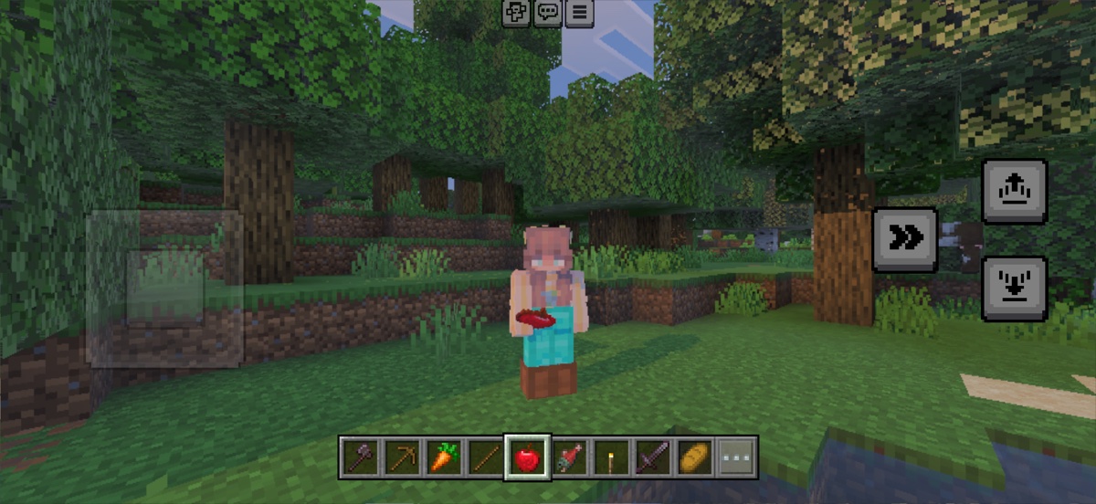 マインクラフトで食べ物を手に持っているプレイ画面。仲間に Do you have any food? と聞く場面