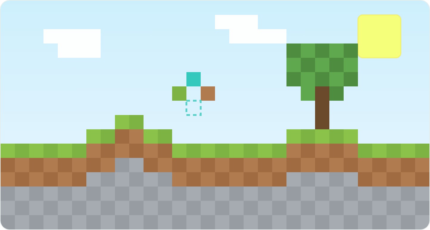 マイクラの世界を表したドット絵イラスト(草ブロック・木・建築中のブロック)
