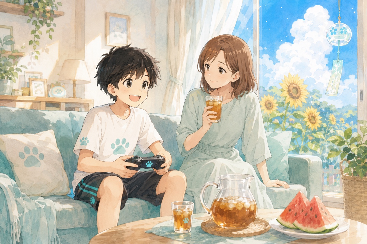 夏休みのリビングでゲームをする男の子と麦茶を飲みながら見守るママのイラスト