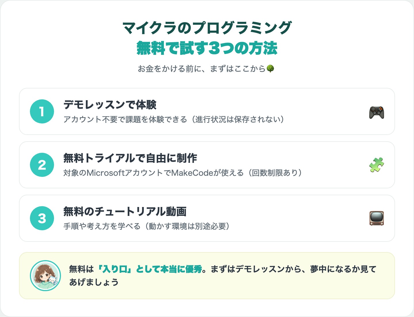 図解:マイクラのプログラミングを無料で試す3つの方法(デモレッスン・無料トライアル・チュートリアル動画)