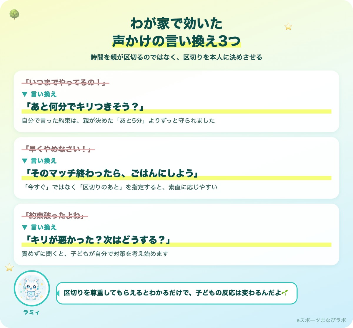 ゲームを切り上げる声かけの言い換え3つの図解(いつまでやってるの→あと何分でキリつきそう?など)