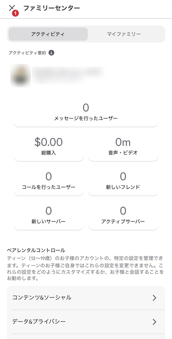 ファミリーセンターのアクティビティ要約画面（通話時間・総購入・フレンドなどの実際の表示）