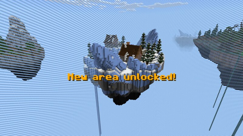 ワンブロックで新しいエリア（雪の島）が解放されたプレイ画面