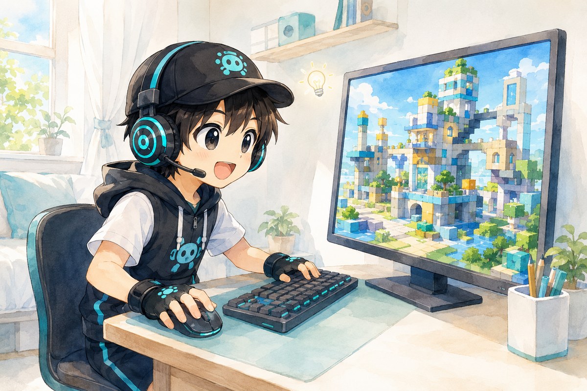 ブロックのゲーム世界を夢中で作る男の子のイラスト