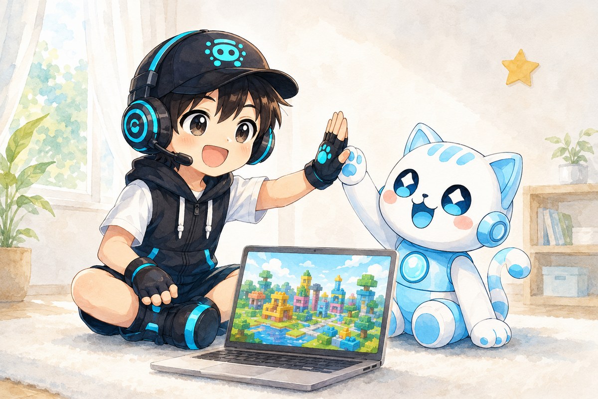 パソコンの前でハイタッチする男の子と猫型ロボットのイラスト（できた！の達成感）