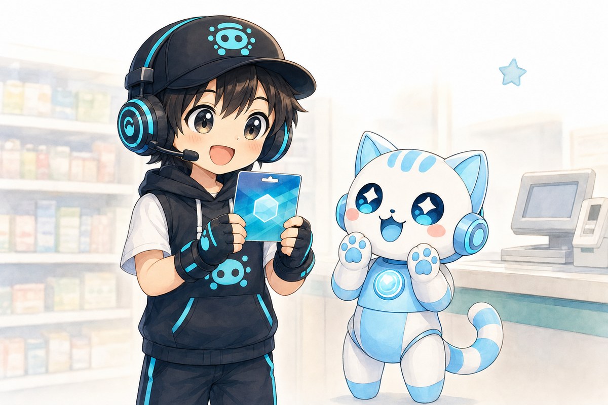 コンビニでゲームのプリペイドカードをうれしそうに持つ男の子と見守る猫型ロボットのイラスト