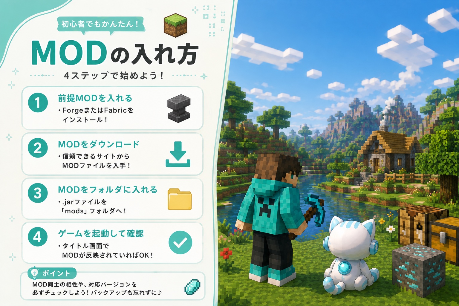 マイクラJava版のMODの入れ方4ステップ図解(前提MODを入れる→MODをダウンロード→modsフォルダに入れる→ゲームを起動して確認)
