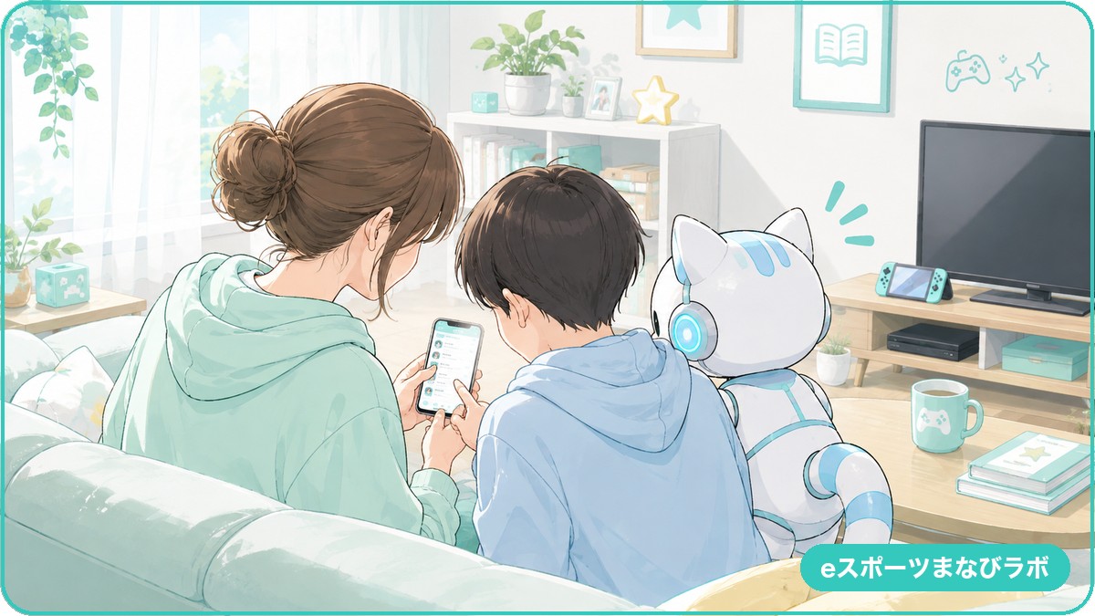 リビングのソファで親子がスマホのファミリーセンター画面を一緒に見ているイラスト。ラミィが横からのぞきこんでいる