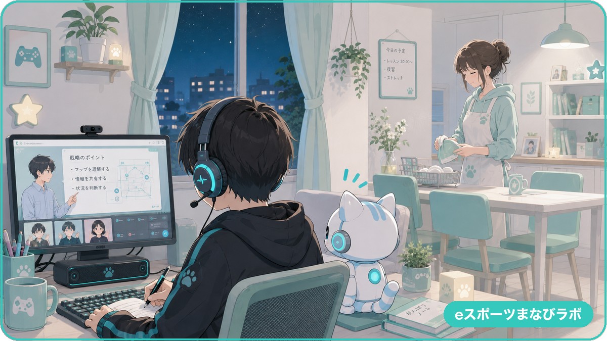 ヘッドセットをつけてオンラインレッスンを受ける中学生の息子のイラスト。ラミィが横で応援し、少し離れた場所で母が家事をしながら微笑んでいる