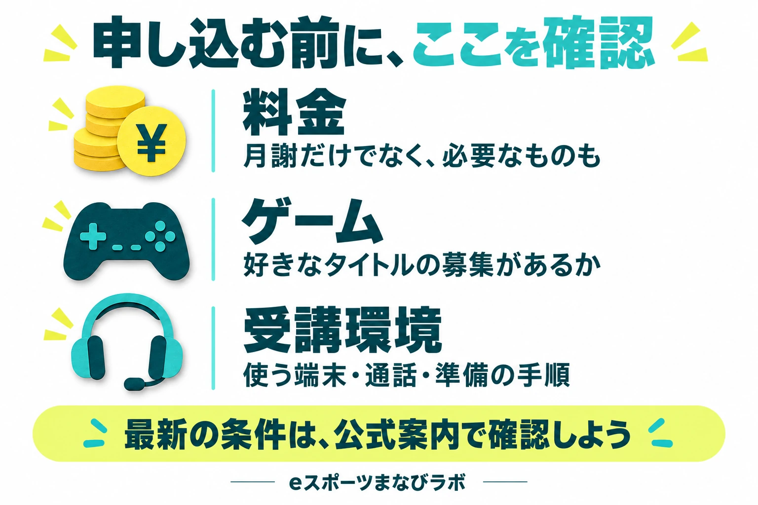 申込み前に確認する料金・ゲーム・受講環境の3項目