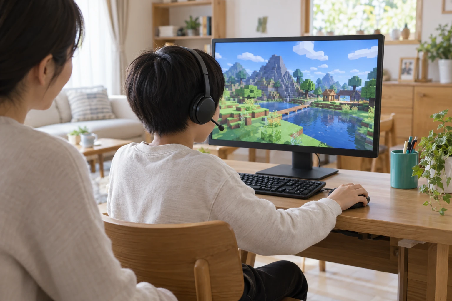 ゲーム英会話を自宅で楽しむ親子のイメージ(AI生成)