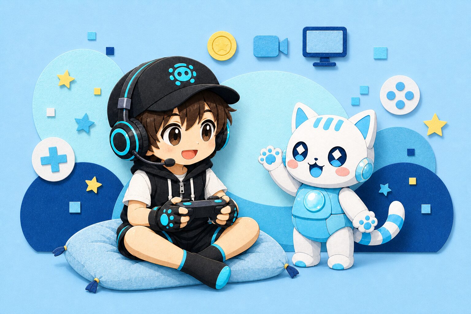ゲームを楽しむネオくんと、そばで手を振るラミィ