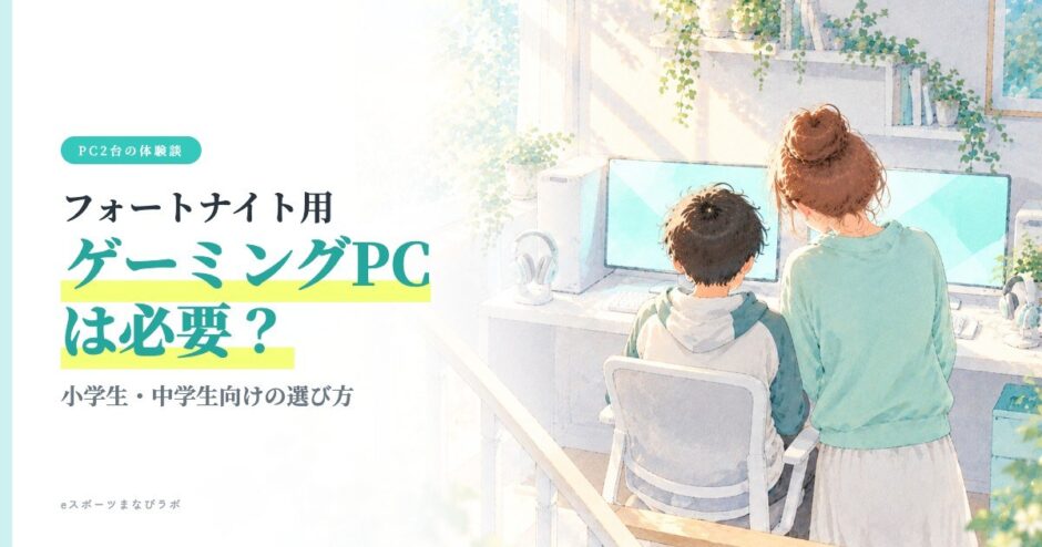 階段横のパソコン用テーブルで、2台並んだゲーミングPCを中学生の息子と母が見ている様子