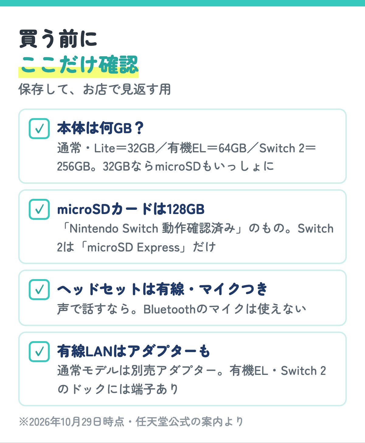 買う前にここだけ確認する4つのチェックリスト。本体の容量、microSDカード、ヘッドセット、有線LAN