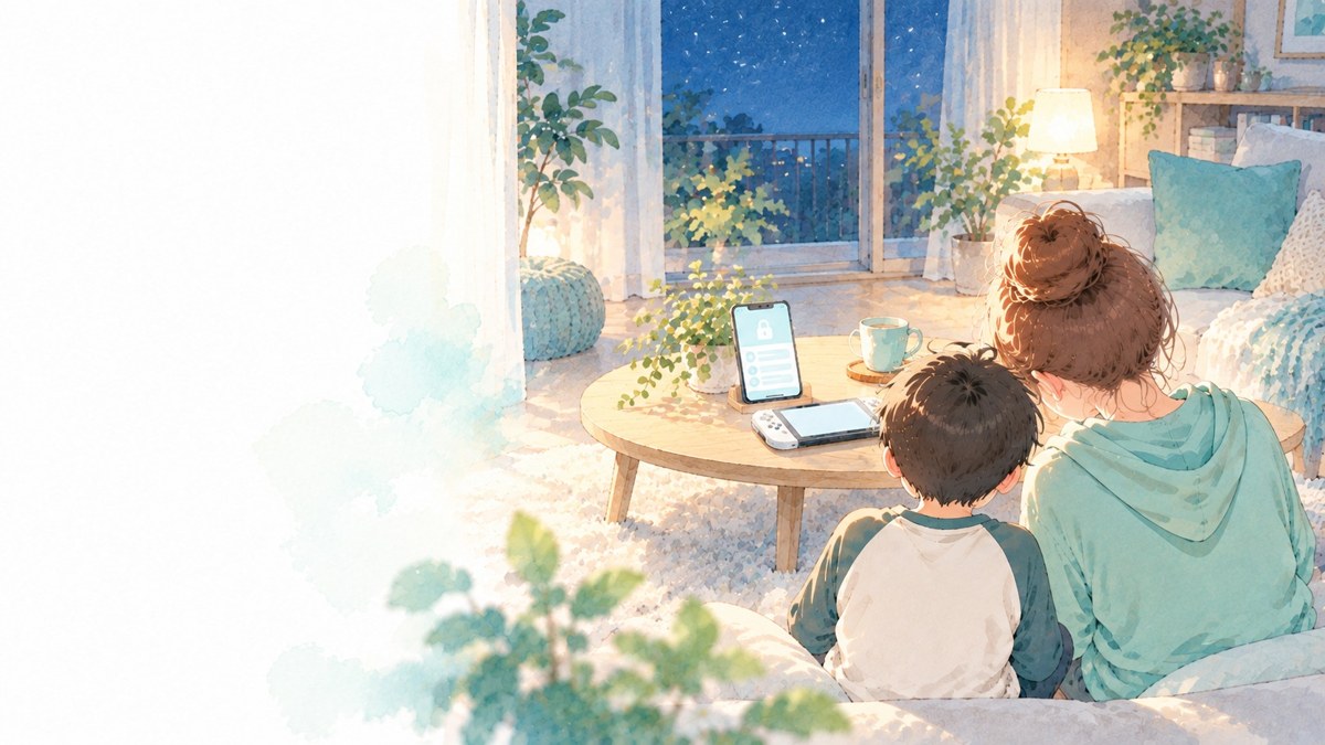 夜のリビングで、テーブルの上の親のスマホとゲーム機を、母と息子がのぞきこんでいる後ろ姿のイラスト