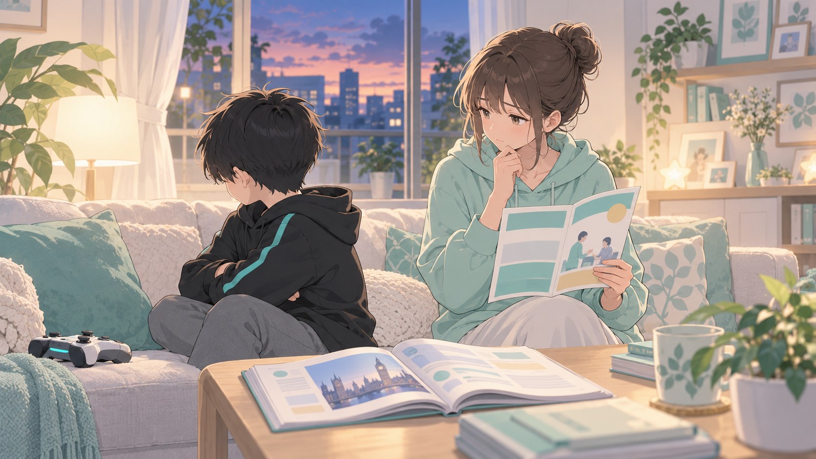 英会話教室のチラシを見せる母と、腕を組んで背を向ける息子のイラスト