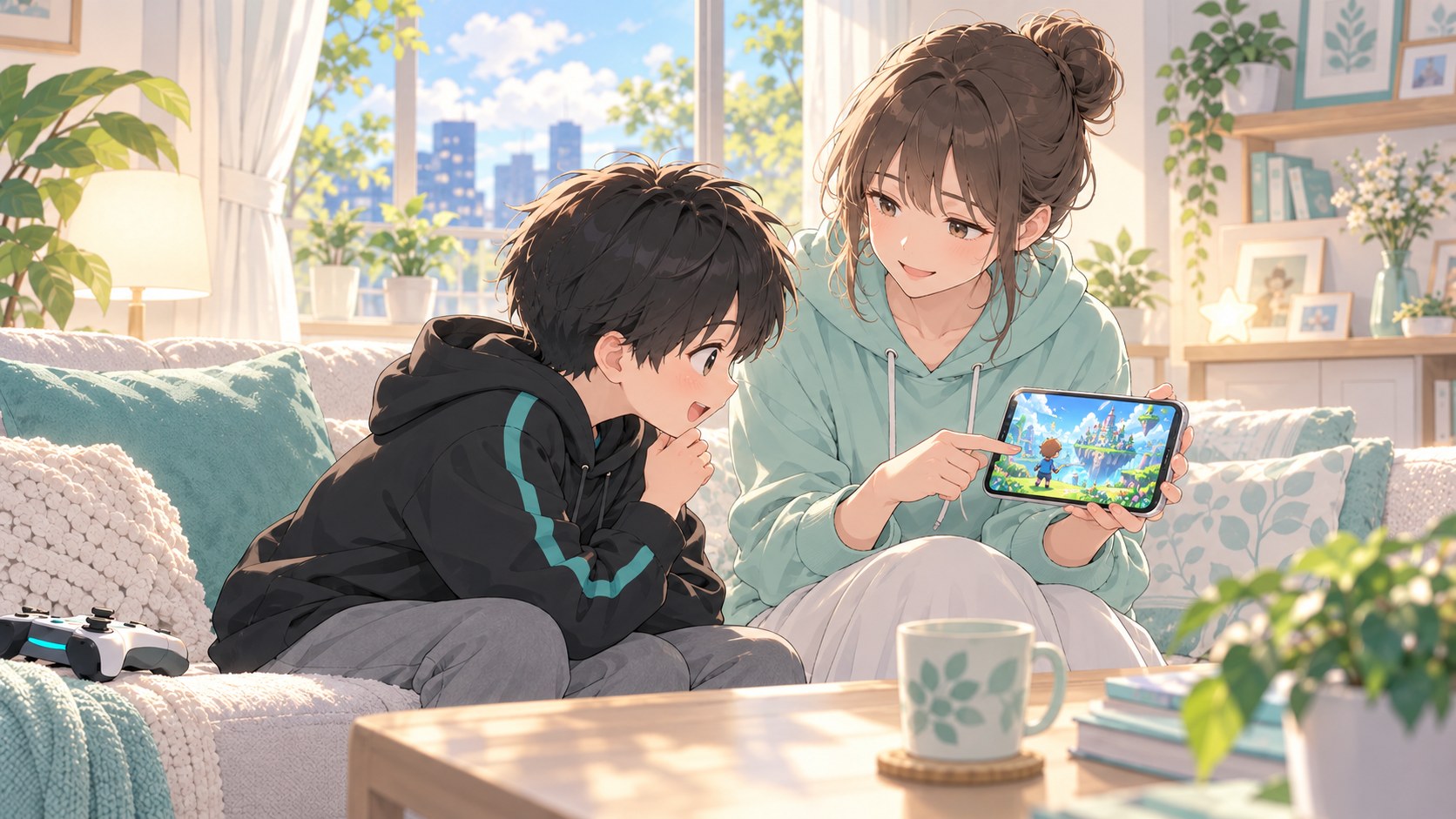 スマホでゲームの英会話の広告を見せる母と、身を乗り出して画面を見る息子のイラスト
