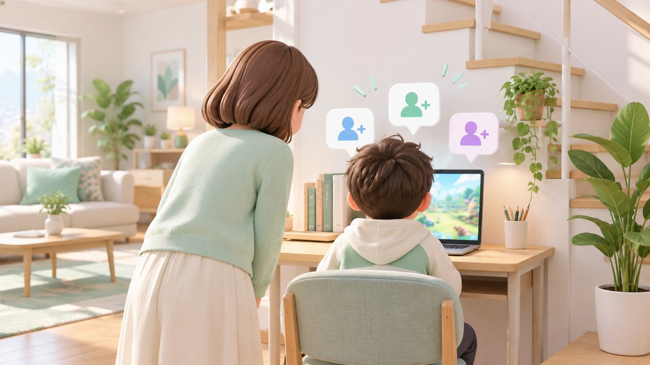階段横のパソコン用テーブルで、フレンド申請の通知が浮かぶ画面を親子でのぞきこんでいるイラスト