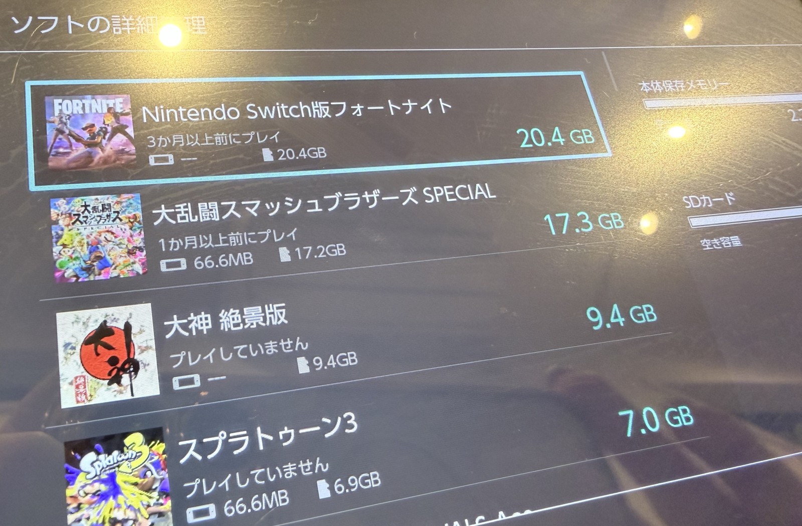 Switchの「ソフトの詳細管理」画面。フォートナイト20.4GB、大乱闘スマッシュブラザーズ SPECIAL 17.3GB